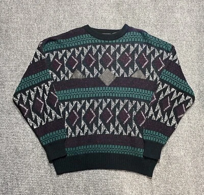 Vintage Impact Sweater Mens Medium 80s 90s Geometric Grandpa Leather Green - Image 1 of 4