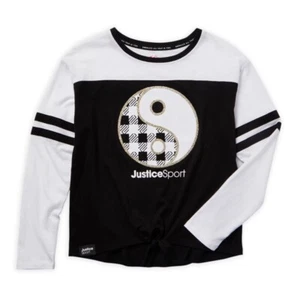 Justice Girls Top White Black 12/14 Pullover Front Tie Knot Glitter J Sport Logo - Picture 1 of 12