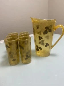 Amber Acrylic Lucite Gold Glitter Ice Pitcher & 6 Tumblers Vintage Mcm Barware - Picture 1 of 10