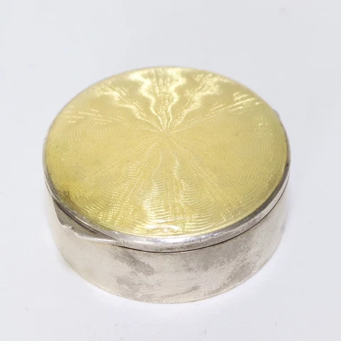 Antique Art Deco Solid Silver Yellow Guilloche Enamel Pill Or Trinket Box, 1921 Cover