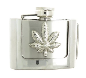 Rhinestone Marijuana Leaf 2 oz Stainless Steel Flask Belt Buckle - Picture 1 of 2