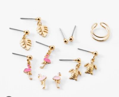 Claire’s Gold Flamingo Turtle Mixed Earrings & Ear Cuff Set vacation Christmas - Image 1 of 4