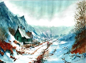 Cabin In Snowy Mountains, Mountain Art, Landscape Art, Mountain View - Picture 1 of 1