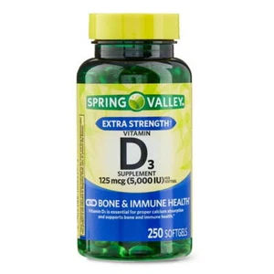 Spring Valley Vitamin D3 Softgels 5000 IU, 125mcg, 250 Ct– Bone & Immune Support - Picture 1 of 5