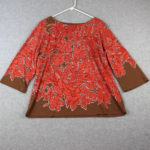 Bob Mackie Wearable Art Women's Tunic Top Size L Orange Brown Floral 3/4 Sleeves - Picture 1 of 6