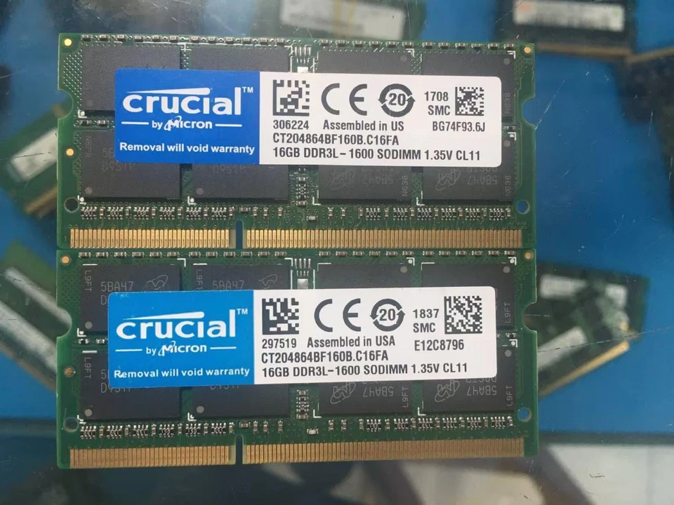 Crucial 2x 16GB 2RX8 PC3L-12800S DDR3-1600Mhz 1.35V Laptop SO-DIMM Memory RAM - Image 1 of 1