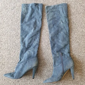 GUESS Ladies UK 8 / EU 41 Blue Denim LONG BOOTS Over Knee HIGH HEEL Zip Stretch - Picture 1 of 17