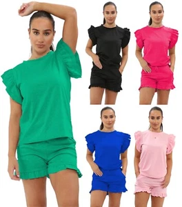 Ladies Shorts 2PCS Co ord Set Tracksuit Women's Frill Peplum Short Sleeve Top UK - Picture 1 of 37