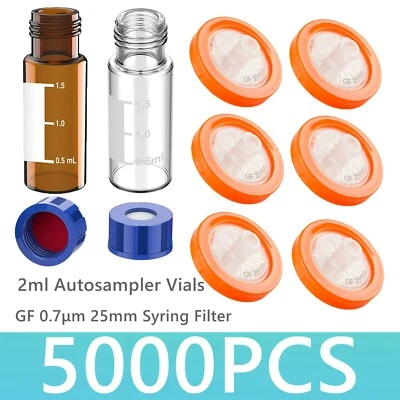 5000pcs HPLC 2mL Autosampler Vials Caps + 0.7μm 25mm GF Membrane Syringe Filters - Image 1 of 4