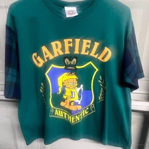 Camiseta vintage Garfield auténtica verde manga a cuadros dibujos animados - Imagen 1 de 15