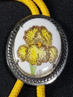 Corbata Bolo con Tobogán Ovalado Tono Plateado Pintado a Mano Amarillo Iris Joyería Suroeste Foto 1 de 4