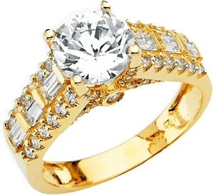 3.95 Ct Round & Baguette Created Diamond Real 14K Yellow Gold Engagement Ring - Picture 1 of 4