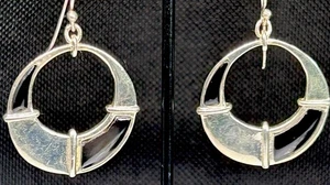 BARSE Vintage Hoop Black Onyx/ Sterling Silver Dangling Earrings  - Picture 1 of 8