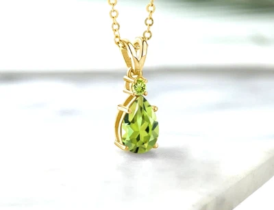 925 Silver Yellow Gold Plated 1.35 Carats Pear and Round Peridot Dainty Pendant - Image 1 of 4