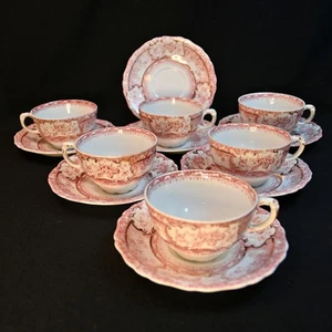 Wedgwood 6 Cups & 7 Saucers Phoebe Pink w/Gold Accents England 1900-1906 Elegant - Picture 1 of 24