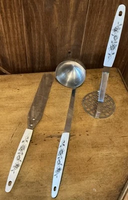 Vintage Ladle, Spreader, & Potato Masher White Handle W/ Grey Black? Roses Japan - Изображение 1 из 4