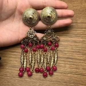 Gold Stein Perlen Fransen Ohrhänger Vintage Stil Lange Quaste Charm Tropfen Retro - Bild 1 von 4