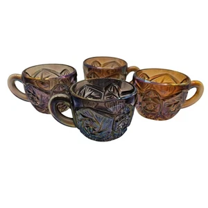 VTG Carnival Glass 4PC Coffee Tea Mugs Whirling Star Peacock Iridescent Brown - Picture 1 of 23