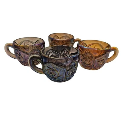 VTG Carnival Glass 4PC Coffee Tea Mugs Whirling Star Peacock Iridescent Brown - Image 1 of 4