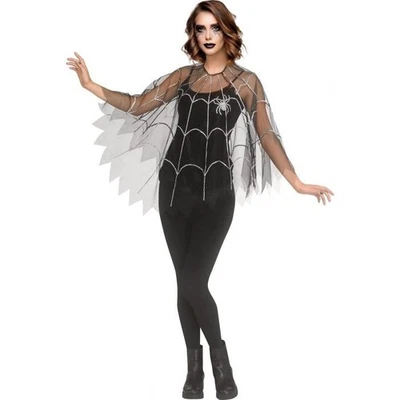 Womens Bling Crystal Poncho Black Cape Spider Web Vampire Halloween Easy Costume - Image 1 of 4