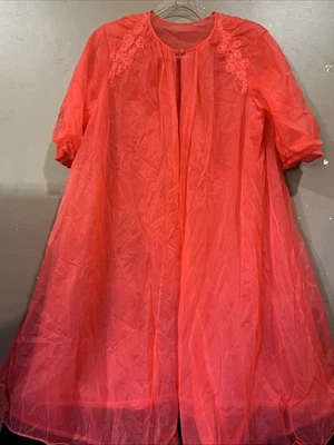 Vintage Lingerie 60s Vanity Fair Babydoll Red Nylon Chiffon Lace Robe Size 36 - Image 1 of 4