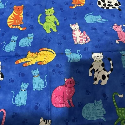 Cool Cats Kittens on Blue Cotton Fabric 22x27 T3 - Image 1 of 4