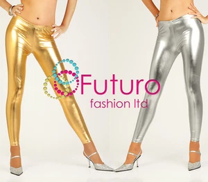 Sexy Shiny Wet Look Silver & Gold Full Ankle Length Leggings All Sizes! - Picture 1 of 4