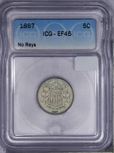 1867 Shield Nickel 5c No Rays ICG EF45 XF45 - Picture 1 of 2