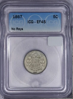 1867 Shield Nickel 5c No Rays ICG EF45 XF45 - Image 1 of 2