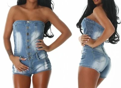 SeXy Damen Jeans Einteiler Bandeau Shorty Jumpsuit  Kurz Overall 34 36 38 40 - Bild 1 von 4