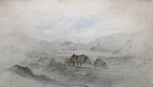 Anonyme — paysage lacustre au corps de ferme — dessin au crayon aquarellé — XIXe - Picture 1 of 4