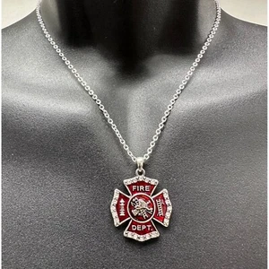 Firefighter Maltese Cross Necklace Red Enamel Rhinestone Fire Dept Pendant - Picture 1 of 3