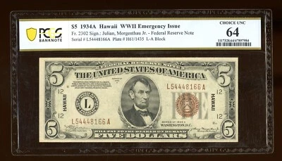DBR 1934-A $5 FRN Hawaii Fr. 2302 PCGS-B 64 Serial L54448166A - Image 1 of 2