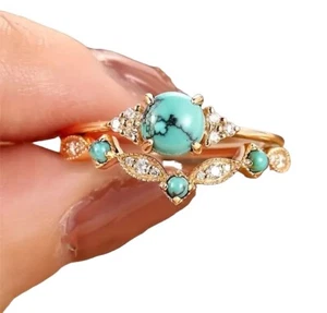 Boutique Dainty 14k Gold Plated Turquoise Bridal Band Engagement Ring Size 8 ๐ - Picture 1 of 5