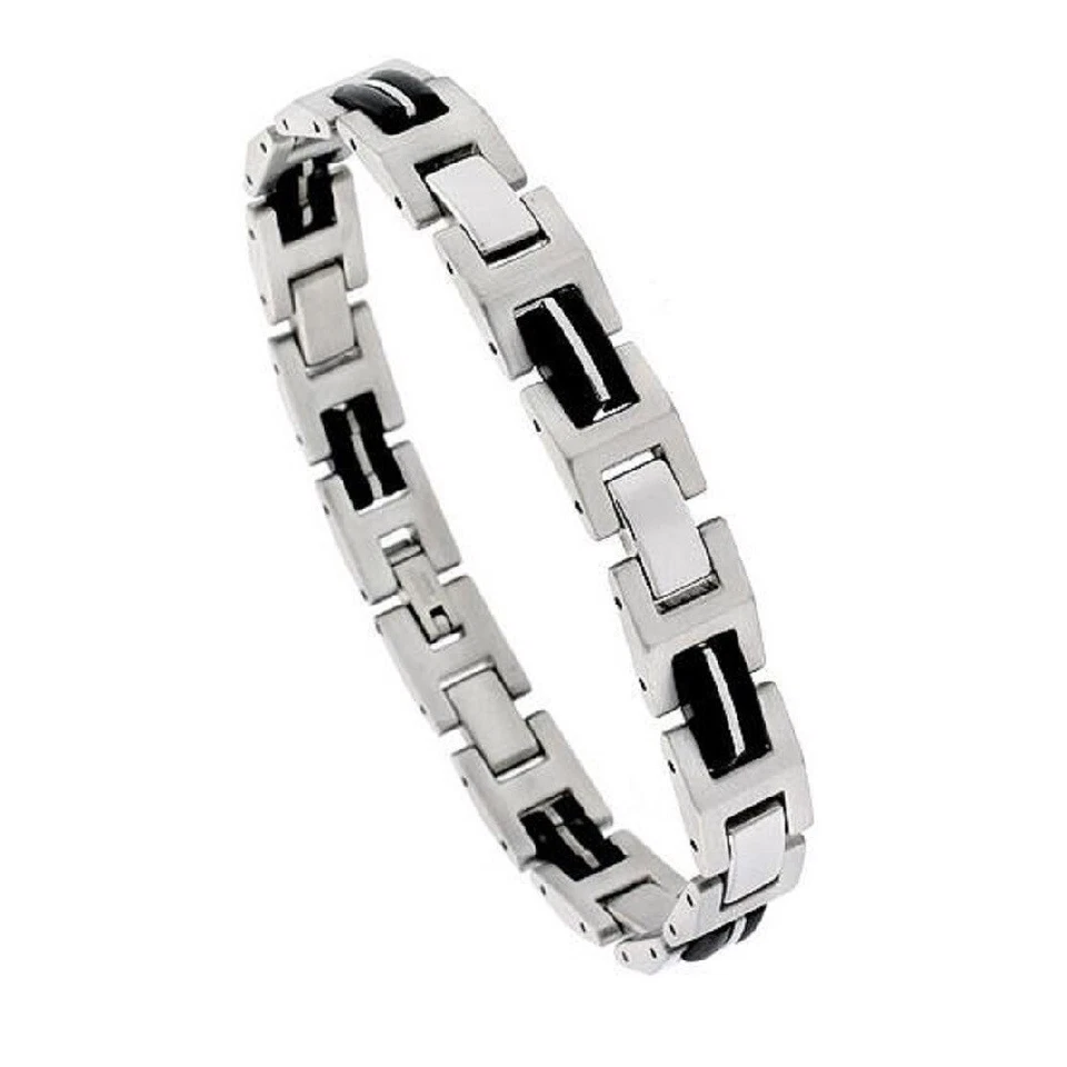 Edelstahl Flachgliedarmband Für Männer Mit Schwarzem Gummiakzent - Bild 1 von 1