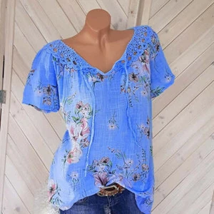 Lace V-Neck Print Short Sleeves Women casual top - Picture 1 of 15