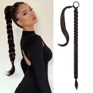 SEIKEA 34" Long Braided Ponytail Extension black brown hair tie straight wrap - Picture 1 of 20