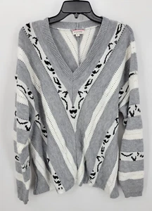 Andre by Unit Sweater Womens Plus 1X Gray Stripe Aztec Southweatern Boho V Neck - Picture 1 of 8