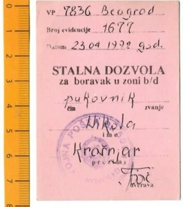 JNA PERMISO PERMANENTE PARA PERMANECER EN ZONA DE COMBATE - GUERRA EN YUGOSLAVIA 1992 - Imagen 1 de 2