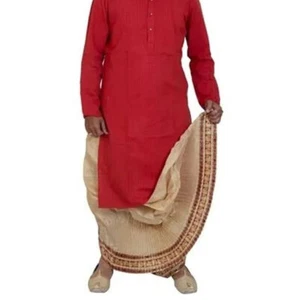 Men's Traditional Mayurpuchho Tussar Silk Maroon Border Dhoti (Beige) - Picture 1 of 1