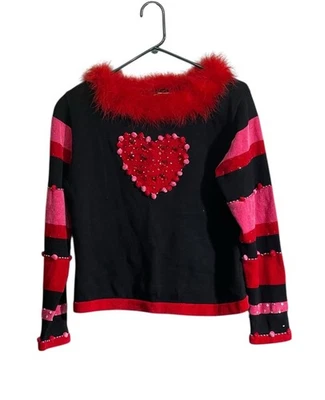 Suéter Jack B Quick San Valentín Pequeño PM Rojo/Rosa Cuello Pluma Corazones Foto 1 de 4