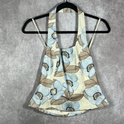 Etcetera Tank Top 4 Yellow Blue Floral Embroidered Halter Cropped Boho Festival - Image 1 of 4