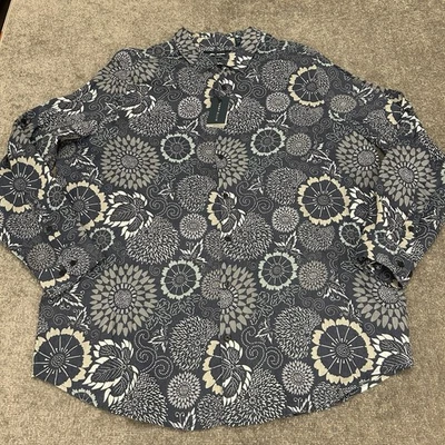 Perry Ellis Shirt Mens 2XL Blue Linen Floral Button Front Untucked 2X NEW $99 - Image 1 of 4