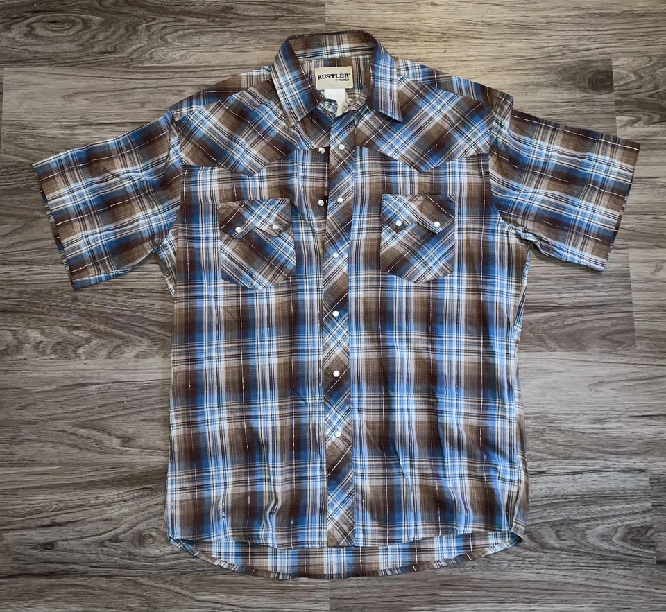 Camisa Rustler Para Hombres Grande Marrón Azul Cuadros Perla Occidental A Presión Manga Corta Vaquero Foto 1 de 4