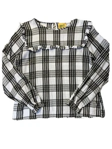 Girls Top Size Large 14 Black White Plaid Long Sleeves Metallic Fibers Ruffled - Picture 1 of 10