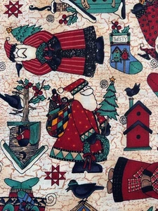 Fabric - OOP Vintage Debbie Mumm Christmas Country Santas Birdhouses 2 3/4 yards - Picture 1 of 6