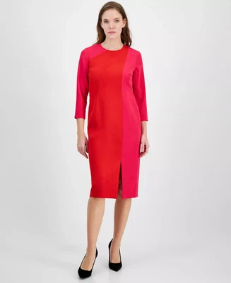 Anne Klein Colorblocked 3/4-Sleeve Sheath Dress Women's 14 Pink Group Back Zip - Image 1 of 4