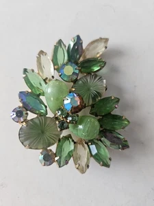 Vintage Green JULIANA DeLizza And Elsten Leaf Large Rhinestone Brooch Pin - Afbeelding 1 van 3