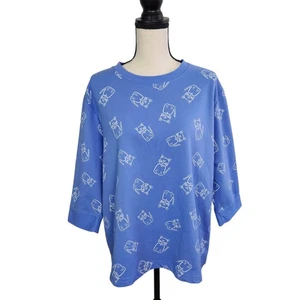 Camisa Top Bonnie Evans Para Mujer Estampado de Gato Cuadrada Manga 3/4 Talla 1X Azul Periwinkle - Imagen 1 de 14