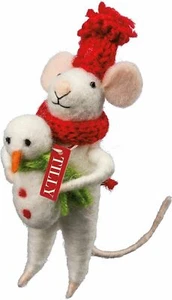 Christmas Mouse w Sweet Snowman Needle Felted Figure / Ornament Critter Tilly - Picture 1 of 5